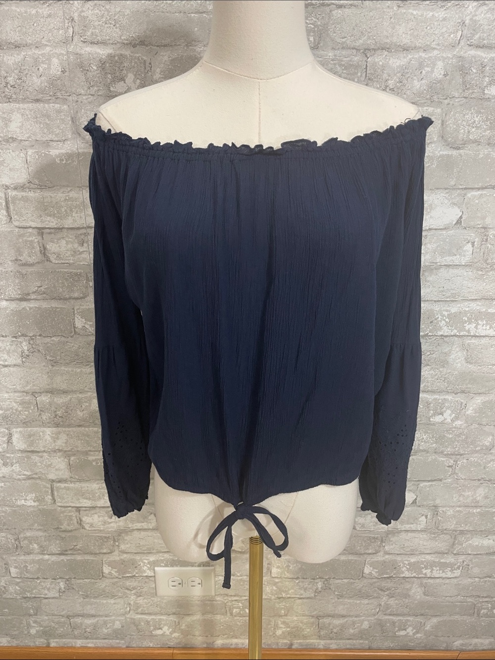 Hollister Navy Off-Shoulder Tie-Hem Blouse